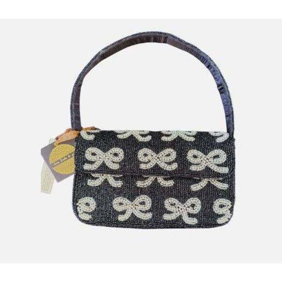 NWT Made in India Black & Silver Bow Beaded Bag Purse, Rare And Unique - Picture 1 of 4